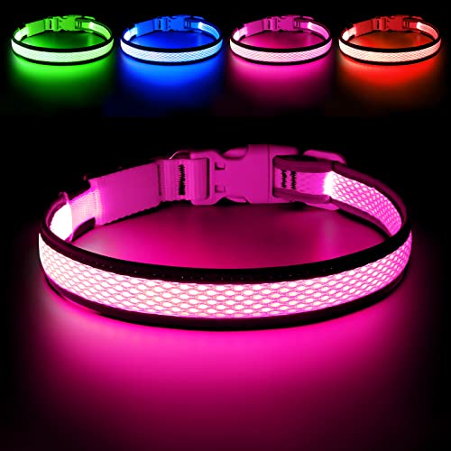 Flashseen LED Dog Collar, USB Rechargeable Light Up Dog Collar Lights, Adjustable Comfortable Soft Mesh Safety Dog Collar for Small, Medium, Large Dogs(Large, Candy Pink)