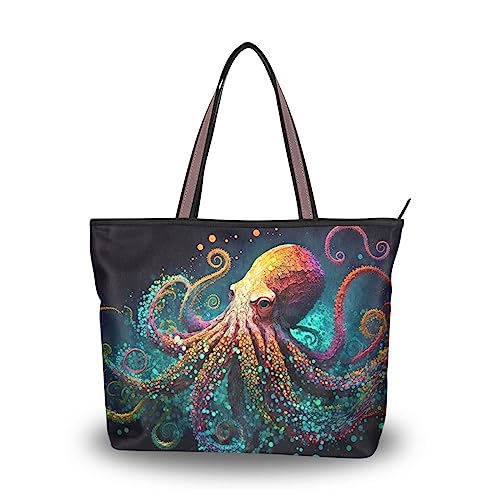 ZENWAWA Tote Bag for Women (Painting Octopus Orange), Zipper Purse Shoulder Bag Handbag Reusable Grocery Bag