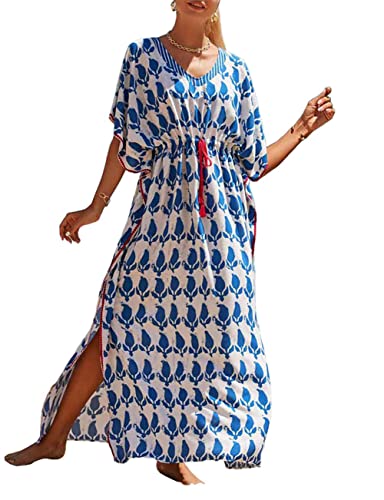 Bsubseach Plus Size Caftans for Women Long Kaftan Dresses Swimsuit Cover Up with Waist Drawstring Blue White