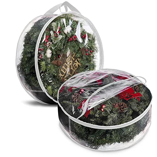 ProPik Christmas Wreath Storage Bag 36' - 2 Pack Clear Christmas Wreath Storage Container- Garland Artificial Holiday Wreath Storage Holder - Water Proof Transparent PVC with Handles (36 Inch, White)