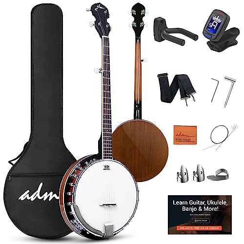 ADM Banjo 5 String Full Size Banjoes Set with Remo Drum Head, Geared 5th Tuner, Beginner Banjo Kit with Closed Back, Gift Package, Free Lessons & Starter Accessories for Adult Teenager, Large Size