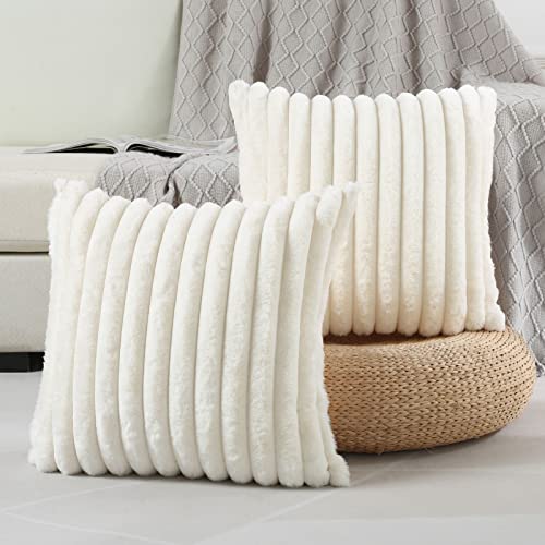 FUTEI Cream White Striped Decorative Throw Pillow Covers 18x18 Inch Set of 2,Square Spring Decorations Couch Pillow Case,Soft Cozy Faux Rabbit Fur & Velvet Back,Modern Home Decor for Bed