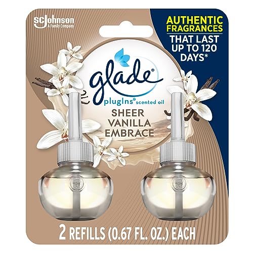 Glade PlugIns Refills Air Freshener, Scented and Essential Oils for Home and Bathroom, Sheer Vanilla Embrace, 1.34 Oz, 2 Count