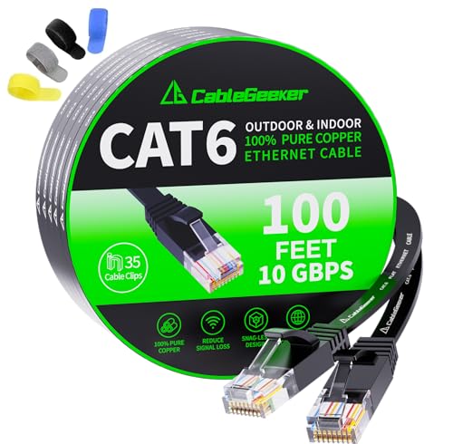 Cat 6 Ethernet Cable 100 ft, Indoor&Outdoor, High Speed 10Gbps Flat Internet Network Cable, Cat6 Ethernet Patch Cable Long, Black Computer LAN Cable with Clips & Straps for Router, Modem, PS4/5