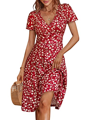 MSBASIC Summer Dresses for Women 2024 Floral V Neck Knee Length Sundresses for Women(Floral-48,Large)