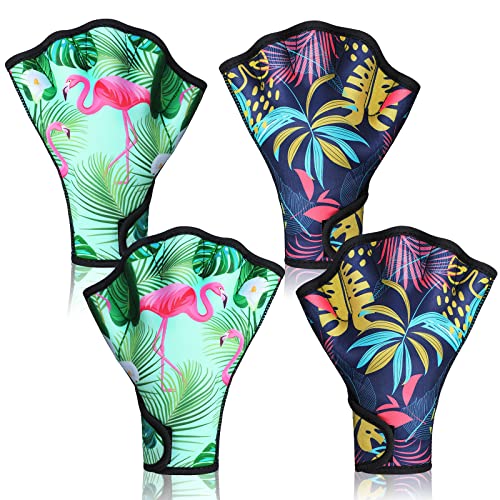 Honoson 2 Pairs Swimming Gloves Aquatic Swim Training Gloves Flamingo Monstera Gloves Webbed Fitness Water Resistance Training Gloves for Swimming Diving