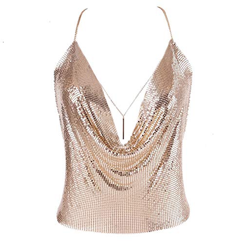 Gold Sexy Tops for Women Sparkly Deep V Neck Crop Tank Tops Cami Body Chain Top Medium