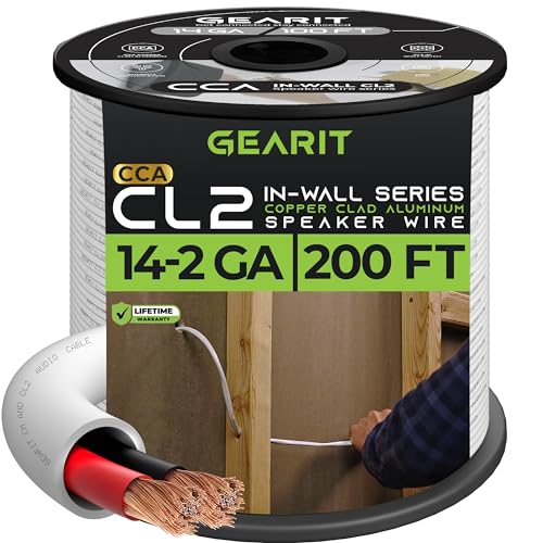 GearIT 14/2 Speaker Wire (200 Feet) 14 Gauge (Copper Clad Aluminum) - Fire Safety in Wall Rated Audio Speaker Wire Cable / CL2 Rated / 2 Conductors - CCA, 200ft