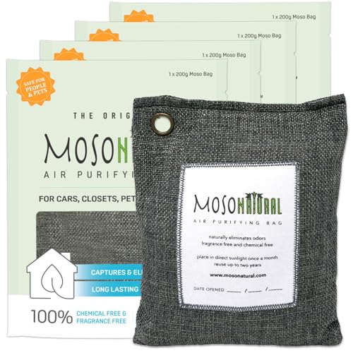 Moso Natural Air Purifying Bag 200g (4 Pack). A Scent Free Odor Eliminator for Cars, Closets, Bathrooms, Pet Areas. Premium Moso Bamboo Charcoal Odor Absorber. Two Year Lifespan! (Charcoal Grey)