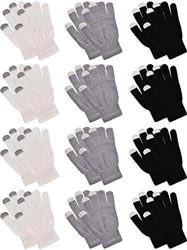 Pangda 12 Pairs Touchscreen Gloves Stretch Knitted Texting Gloves Warm Windproof Solid Color Mittens For men and Women (Black, Milky White, Gray)