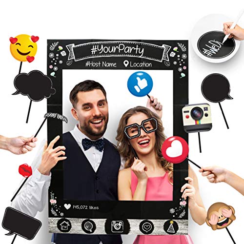 Insta-Themed Social Media Party Photo Booth Selfie Frame with Emoji & Speech Bubble Props. Great as Vintage Background Photography for Birthday, Anniversary, Wedding Event Decoration