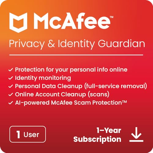 McAfee Privacy & Identity Guardian | Online Protection Software Includes Identity Monitoring, Personal Data Cleanup, Online Account Cleanup | 1 User | 1 Year Subscription | Online Code