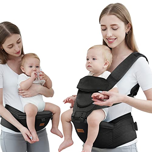 Baby Carrier with Hip Seat, Baby Carrier Newborn to Toddler, 6-in-1 Ways to Carry, All Seasons, Adjustable Baby Holder Carrier for Breastfeeding (Black）