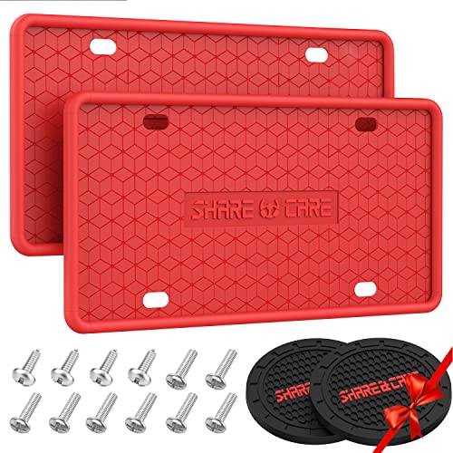 QiqaMole 2 Pack Silicone License Plate Frame, Front Back License Plate Cover, License Plate Bracket Holder Rust-Proof, Rattle-Proof, Weather-Proof for US CA Standard Car & 2Pcs Water Coaster (Red)