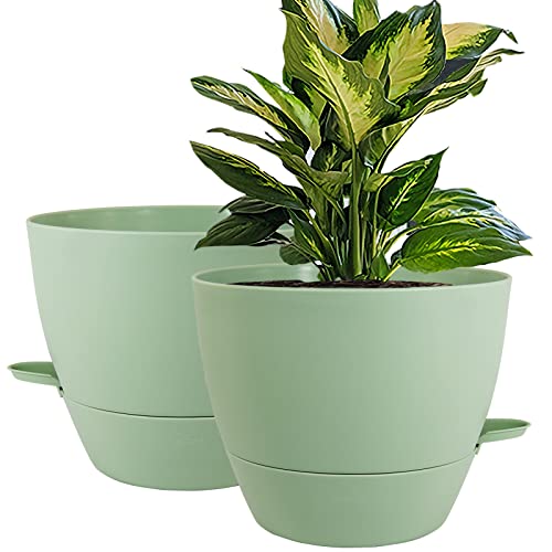WOUSIWER 10 inch Self Watering Planters, 2 Pack Large Plastic Plant Pots with Deep Reservior and High Drainage Holes for Indoor Outdoor Plants and Flowers, Green