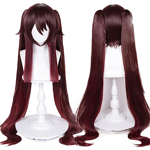 Hu Tao Wig Long Brown Hu Tao Cosplay Wigs + Elf Ears + Hairnet, Women Girls Hutao Heat Synthetic Hair with Double Ponytails for Halloween Party Role Playing (Hutao)