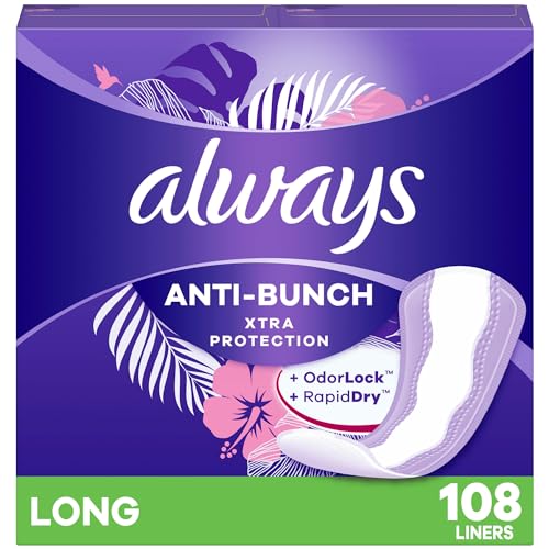 Always Anti-Bunch Xtra Protection Daily Liners Long Unscented, Anti Bunch Helps You Feel Comfortable, 108 Count (Packaging May Vary)