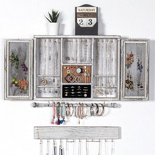 Tektalk Jewelry Organizer Wall Mounted Jewelry Hanger Display Wooden Hanging Jewelry Holder Jewelry Box for Necklaces, Earrings, Bracelets, Rings - White