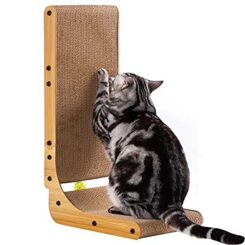 Poils bebe L Shape Cat Scratcher, 26.8 Inch Cat Scratchers for Indoor Cats, Protecting Furniture Cat Scratch Pad, Cardboard Cat Scratching with Ball Toy, Catnip, Large