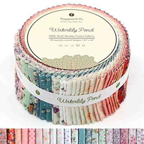 Tinyspool & Co. Jelly Roll Fabric Strips for Quilting, Crafting, and Sewing, 40 Strip Assorted Bundle, Soft Cotton for Blanket, Rug, Upholstery, Home Decor, and Purse Making, Waterlily Pond