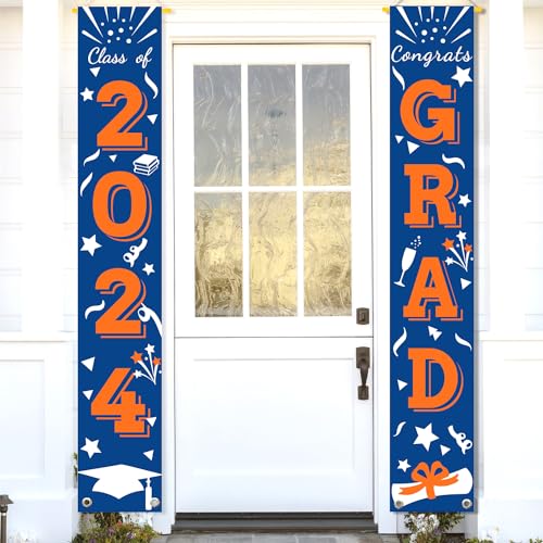 Graduation Porch Banner Class Sign Congrats Grad Hanging Flags High School College University Party Decoration For Front Door Outdoor Blue Orange
