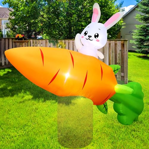 ATDAWN 6 FT Inflatable Bunny on Giant Carrot Rocket, Easter Inflatable Outdoor Holiday Decoration, Easter Blow Up Lawn Yard Garden Inflatables Decorations