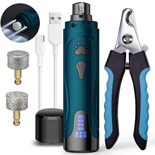 Dog Nail Grinder, Dog Nail Trimmers and Clippers Kit, Super Quiet Electric Pet Nail Grinder, Rechargeable, for Small Large Dogs & Cats Toenail & Claw Grooming,3 Speeds, Dual Lights, 2 Grinding Wheels