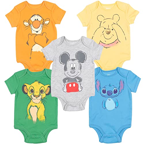 Disney Mickey Mouse Lion King Pooh Bear Tigger Stitch Baby 5 Pack Bodysuits 3-6 Months