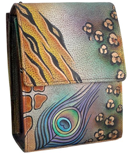 Anuschka Hand Painted Women's Genuine Leather Triple Compartment Crossbody Organizer - Peacock Safari