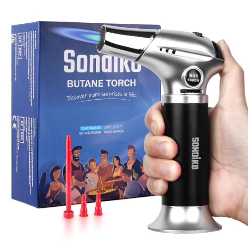 Sondiko Kitchen Torch Lighter S901, Refillable Soldering Torch with Safety Lock and Adjustable Flame for DIY, Creme Brulee, BBQ and Baking, Butane Gas Not Included