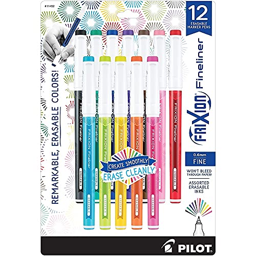 Pilot, FriXion Fineliner Erasable Marker Pens, Fine Point 0.7 mm, Pack of 12, Assorted Colors