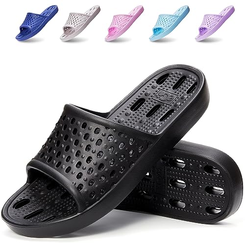 Xomiboe Shower Shoes Men Shower Slides Women Non Slip Flip Flops Bathroom for College Dorm Room Essentials Shower Sandals Slippers Students Boys Gym Bath (Black,EU46-47)