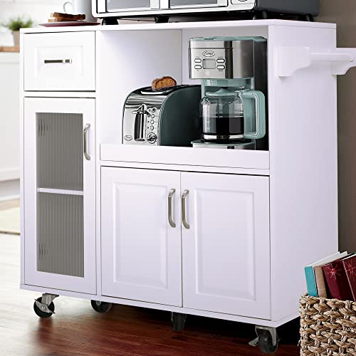 PHI VILLA Microwave Stand Cart with Wheels - White Kitchen Island with Microwave Shelf, Rolling Kitchen Cart with Storage