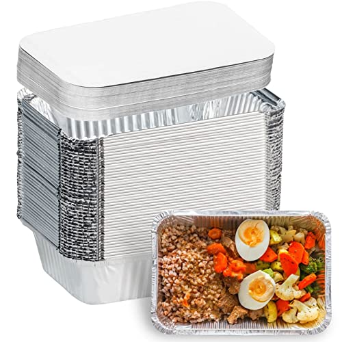 Aluminum Pans with Lids (50-Pack, 8.5'×6') 2.25 LB Capacity Foil Food Containers with Lids - 50 Pans and 50 Cardboard Covers - Disposable Tin Foil Pans - for Baking, Meal Prep and Freezer, Takeout