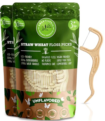 SMARTLIFECO Biodegradable Dental Floss Picks - Natural Plastic Free Tooth Flosser for Adults & Kids | Eco-Friendly Unwaxed Floss | Organic Toothpick Stick Soft On Gum & Teeth | Vegan, Unflavored 100ct