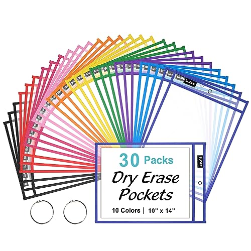 SUNEE 30 Packs Oversized Reusable Dry Erase Pocket Sleeves with 2 Rings, 10 Assorted Colors 10x14 Ticket Holders, Clear Plastic Sheet Protectors, Teacher School Classroom Supplies