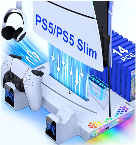 PS5 Slim Stand and Cooling Station with Controller Charging Station for Playsation 5, PS5 Accessories Incl. 3 Levels Turbo Fan, RGB, 14 Game Slots, Headset Holder, PS5 Cooler for PS5 Digital/Disc