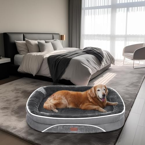OhGeni Orthopedic Dog Bed for Large Dogs, Oversized Couch Design with Egg Foam Support, Removable, Machine Washable Plush Cover and Non-Slip Bottom with Four Sided Bolster Cushion (Gray)