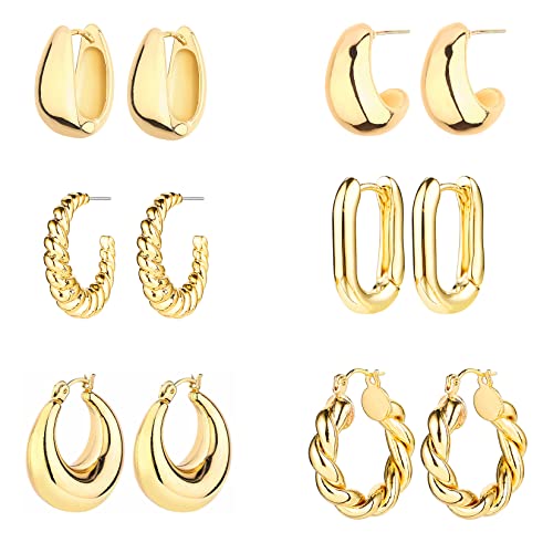 6 Pairs 14K Gold Hoop Earrings for Women Lightweight Chunky Hoop Earrings Multipack Hypoallergenic, Thick Open Twisted Huggie Hoops Earring Set Jewelry for Gifts. (Gold)