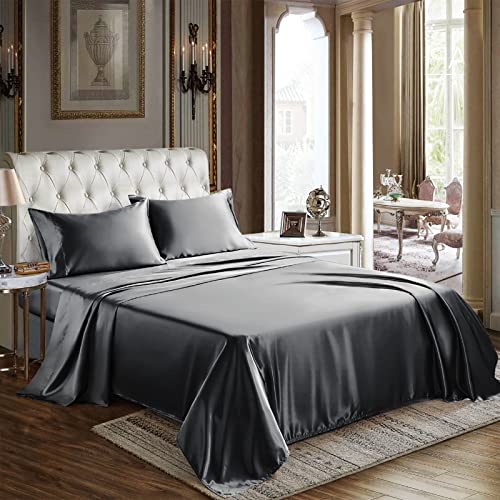 CozyLux Satin Sheets Queen Size - 4 Piece Dark Grey Bed Sheet Set with Silky Microfiber, 1 Deep Pocket Fitted Sheet, 1 Flat Sheet, and 2 Pillowcases - Smooth and Soft