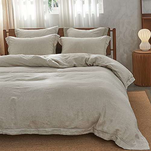 Simple&Opulence 100% Linen Duvet Cover Set with Embroidery Border Washed - 3 Pieces (1 Duvet Cover with 2 Pillow Shams) with Button Closure Soft Breathable Farmhouse - Linen, Full Size