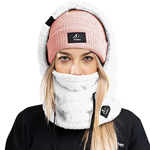Senllen Balaclava Cold Weather Fleece Windproof Ski Mask Winter Breathable Thermal Face Mask Neck Warmer Scarf Helmet Hood for Men/Women White