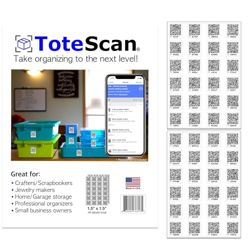 ToteScan HD (Heavy Duty) Intelligent Smart QR Labels for Organization/Moving/Storage (48 Unique Labels, 1.5'x1.5'). Easily Pack and Track Your Items