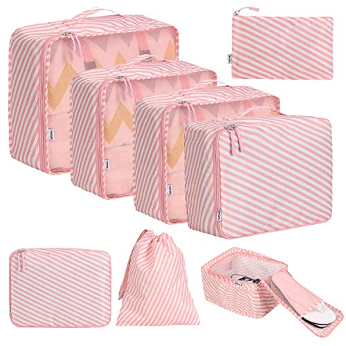 BAGAIL 8 Set Packing Cubes, Lightweight Travel Luggage Organizers with Shoe Bag, Toiletry Bag & Laundry Bag (White and Pink Stripe)