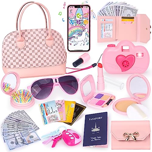 Oisacirg Play Purse for Little Girls, 35PCS Toddler Purse with Pretend Makeup for Toddlers, Princess Toys Includes Handbag, Phone, Wallet, Camera, Keys, Kids Purse Birthday Gift for Girls Age 3 4 5 6+