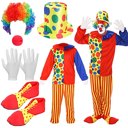 Funtery 6 Pcs Adult Clown Costume Red Clown Nose Shoes Hat Rainbow Clown Wig and Gloves for Men Women Cosplay