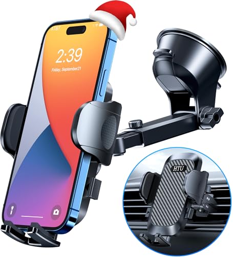 HTU [Strongest Shockproof] Cell Phone Holder Car [Upgraded 5-in-1] Windshield Phone Mount, Universal Handfree Dashboard Window Vent Truck Stand for iPhone 15 14 13 12 Samsung Motorola Android, Black