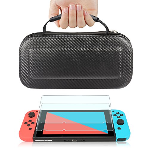 TJS Case for Nintendo Switch with [2 Pack Tempered Glass Screen Protector] Carbon Fiber Texture Hard Travel Carrying Case Shell Carry Pouch - Black
