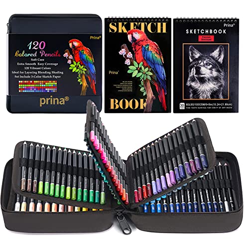 PRINA Art Supplies 120 Colors Colored Pencils Set for Adults Coloring Books with Sketchbook, Professional Vibrant Artists Coloring Pencils for Drawing Sketching Blending Shading, Soft Core Oil Based