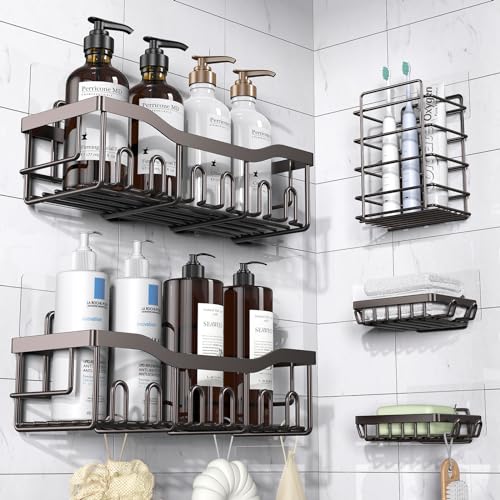 EUDELE Adhesive Shower Caddy, 5 Pack Stainless Steel Bath Organizers With No Drilling, Large Capacity, Rustproof, For Bathroom Storage & Home Decor